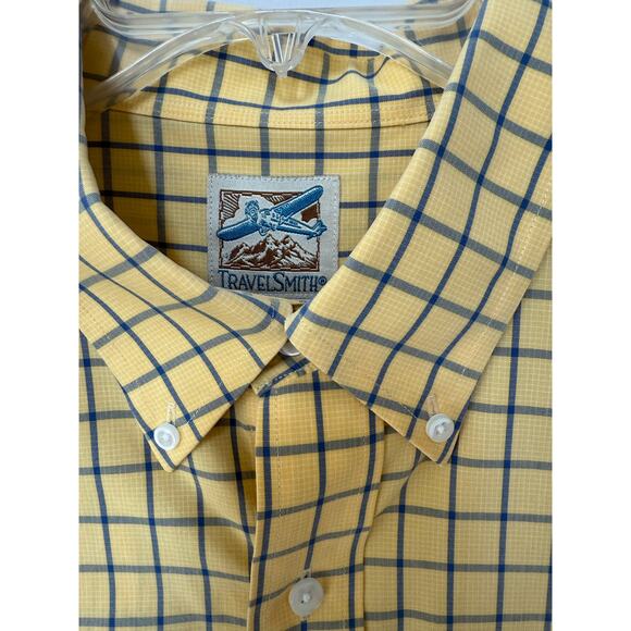 Men's Regular Large Button Up Short Sleeve Yellow Plaid Shirt Travelsmith - Picture 1 of 14
